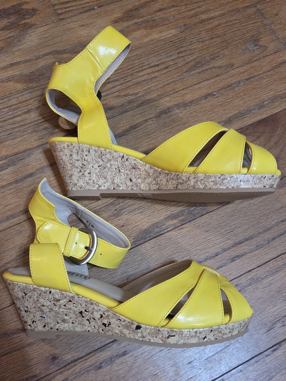 Monroe & Main Bright Yellow Cork Wedge Sandals with Ankle Buckle